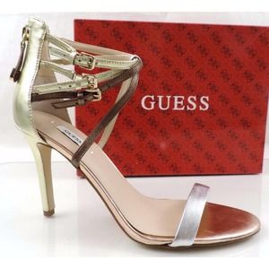 Guess Laella Ankle Strap Dress Sandals Heels Silver Multi Size 9.5